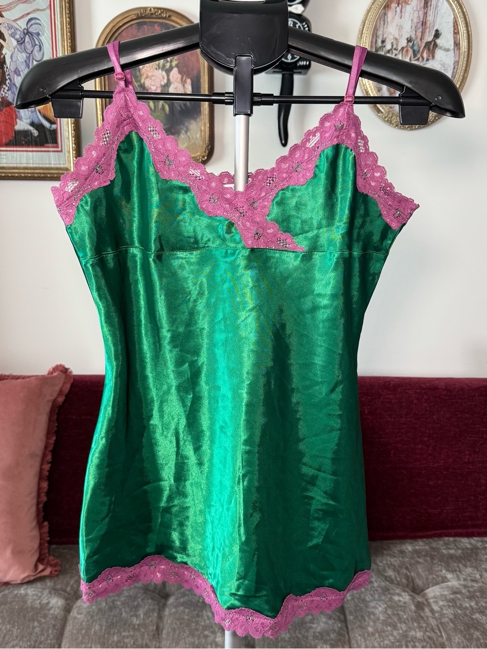Y2K One Step Ahead Emerald Green Satin Chemise with Pink Lace Trim